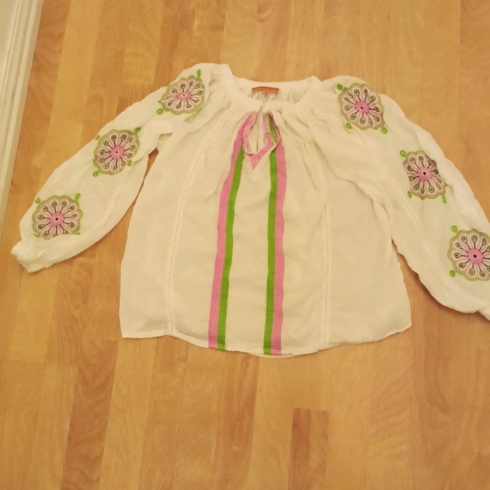 Roberta Freyman Embroidered White Blouse With Pink and Green Accents Size S - Picture 2 of 9